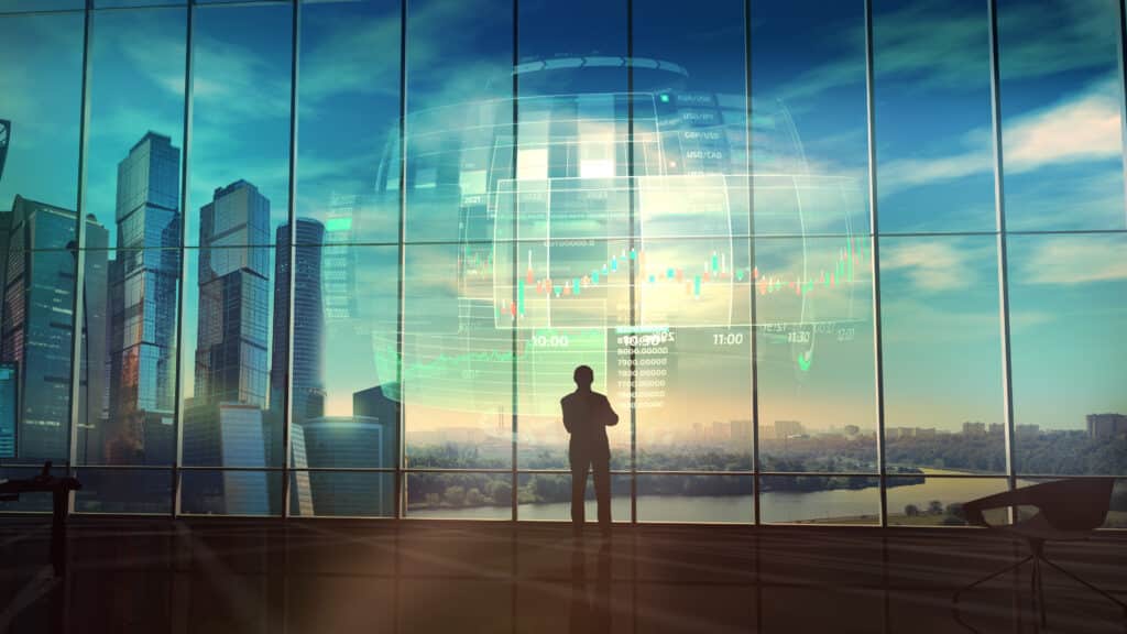 Silhouette of a trader in the office before infographics