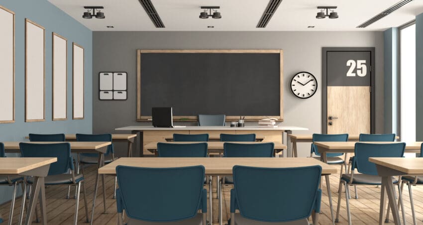 Blue,And,Gary,Modern,Classroom,Without,Students,-,3d,Rendering