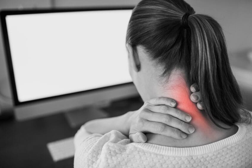 Neck,Ache,Concept.,Young,Woman,Sitting,At,Office,Desk,Feeling