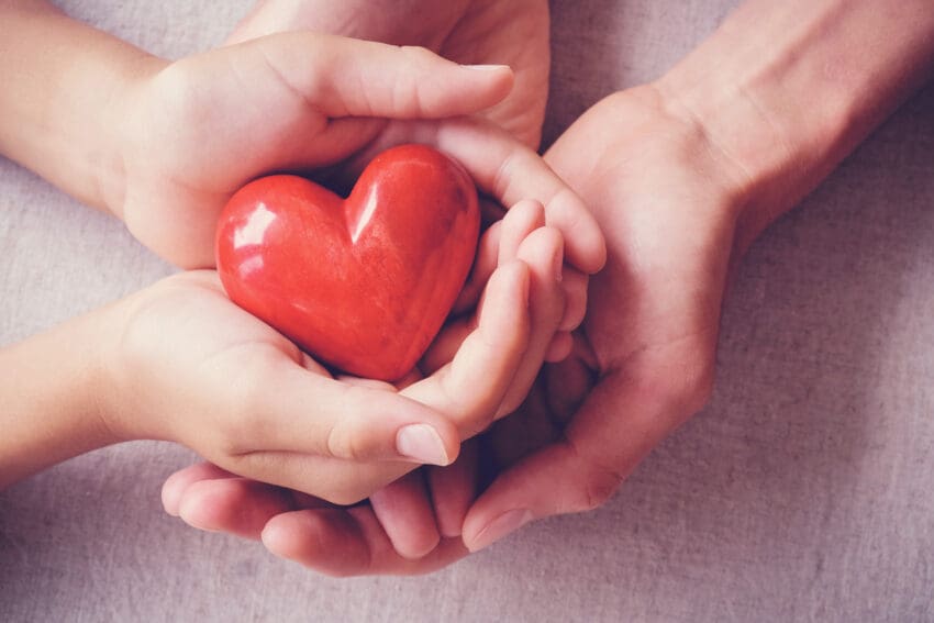 Adult,And,Child,Hands,Holding,Red,Heart,,Health,Care,,Love,