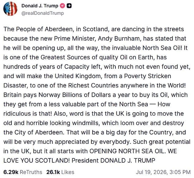 Andy Burnham has used one of his first acts as Prime Minister to speak to Donald Trump, Downing Street has confirmed, as speculation mounts that Labour's block on fresh North Sea oil and gas operations could be about to soften. For the thousands of UK firms in the offshore supply chain, the stakes are anything but abstract.